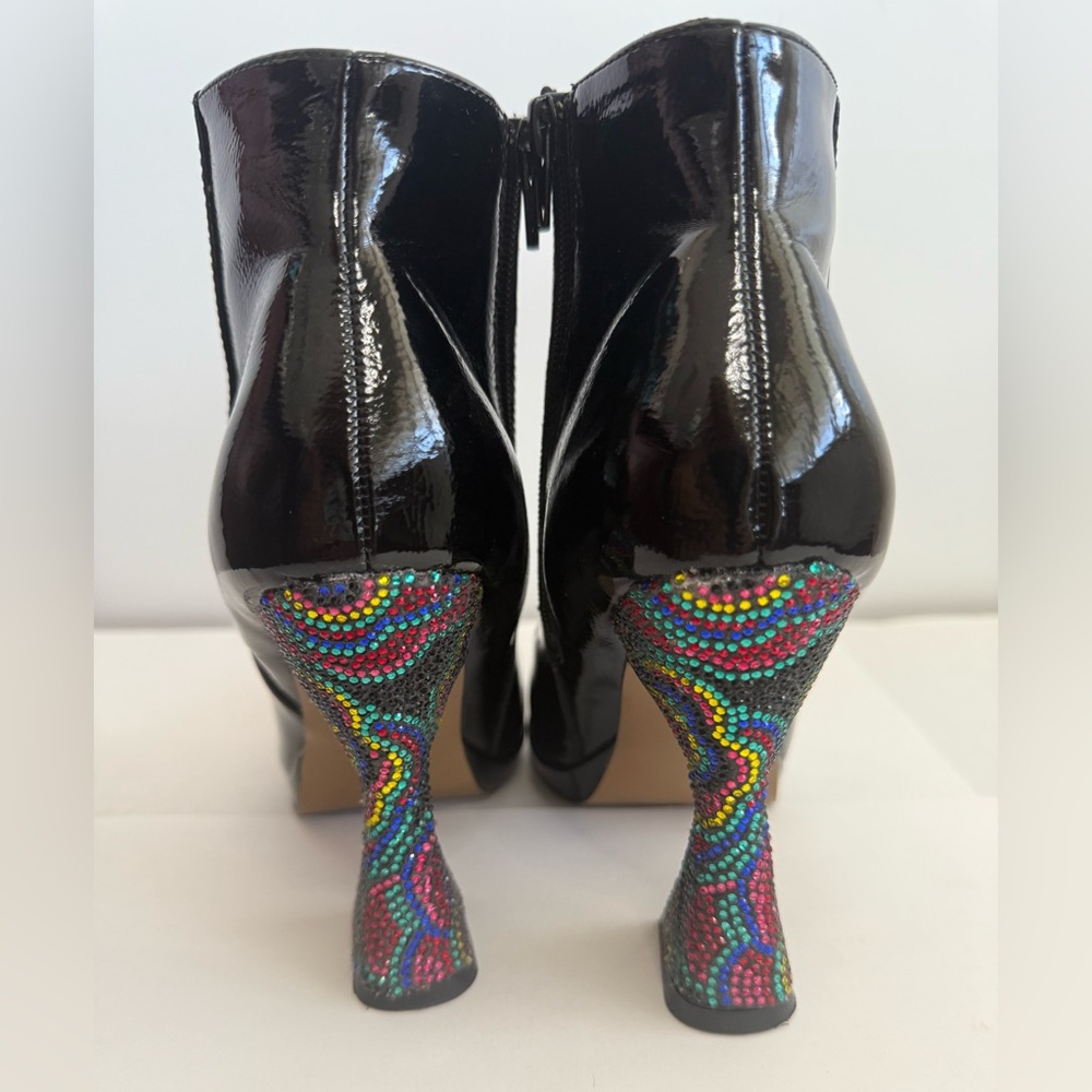 Betsey Johnson Black Patent Ankle Boots w/ Rhinestone Heels – Size 7